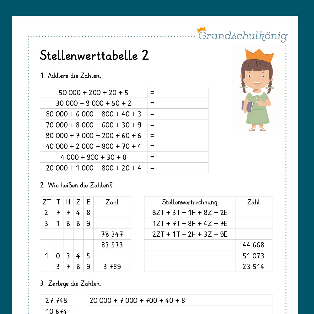 Königspaket: Stellenwerttabelle und Zahlenstrahl im Zahlenraum 100 000 (Mathe, 4. Klasse) - inklusive 2 Tests