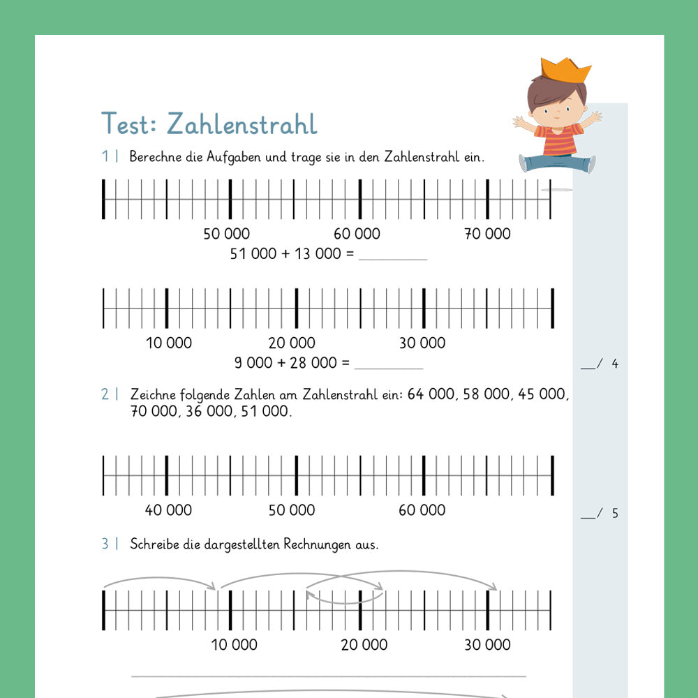 Königspaket: Stellenwerttabelle und Zahlenstrahl im Zahlenraum 100 000 (Mathe, 4. Klasse) - inklusive 2 Tests