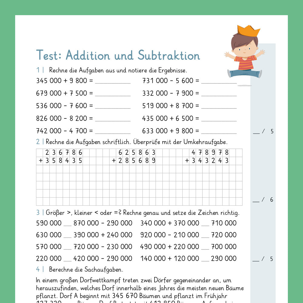 Königspaket: Addition und Subtraktion im Zahlenraum 1 000 000 (Mathe, 4. Klasse) - inklusive Test