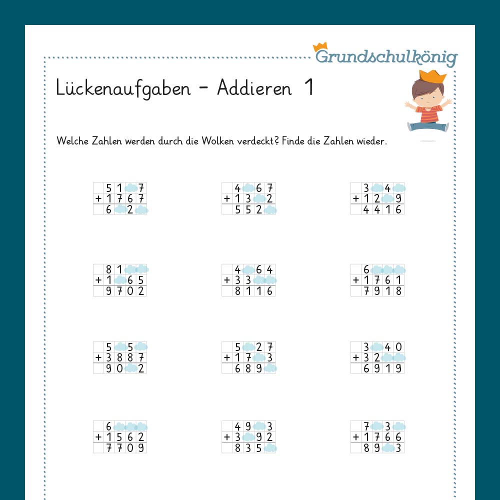 Königspaket: Lückenaufgaben - Addieren (Mathe, 4. Klasse) - inklusive Test