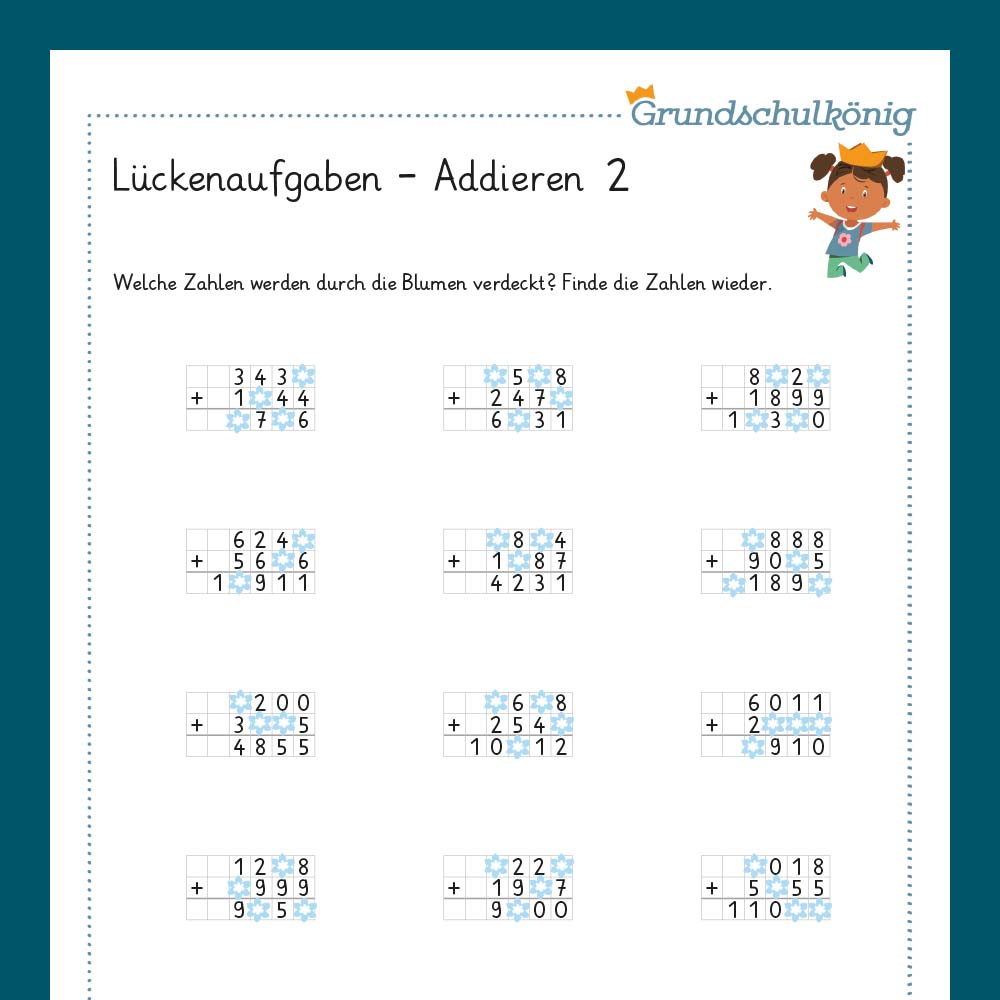 Königspaket: Lückenaufgaben - Addieren (Mathe, 4. Klasse) - inklusive Test