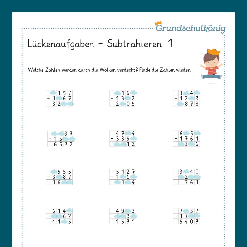 Königspaket: Lückenaufgaben - Subtrahieren (Mathe, 4. Klasse) - inklusive Test
