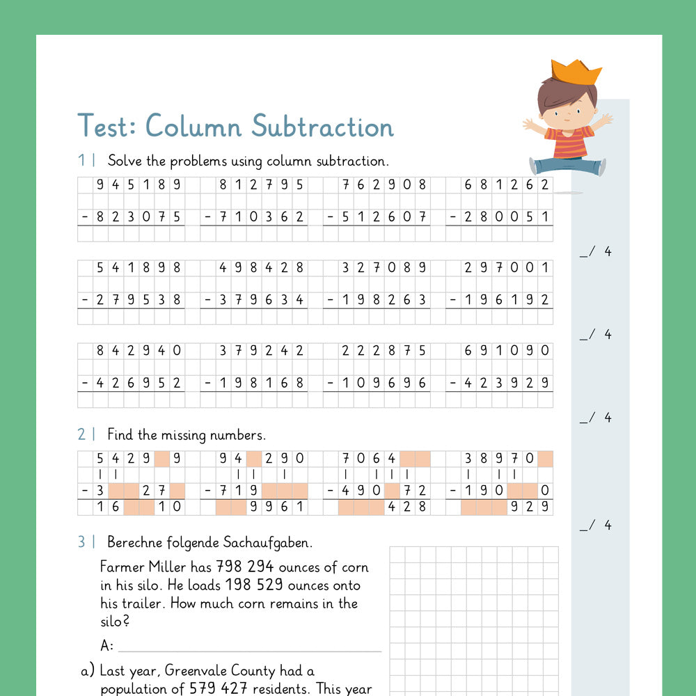 Master Bundle: Column Subtraction, 6-Digit-Numbers (Math, Grade 4) - including a Test