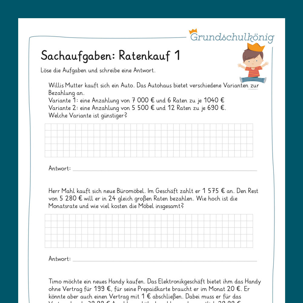 Königspaket: Sachaufgaben - Ratenkauf (Mathe, 4. Klasse) - inklusive Test