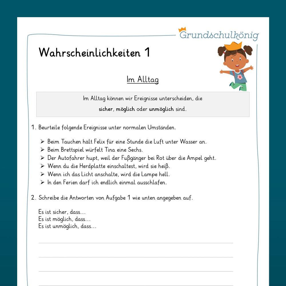 Königspaket: Wahrscheinlichkeiten (Mathe, 4. Klasse) - inklusive Test