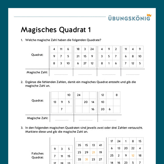 Königspaket: Magisches Quadrat (Mathe, 5. Klasse) - inklusive Test!