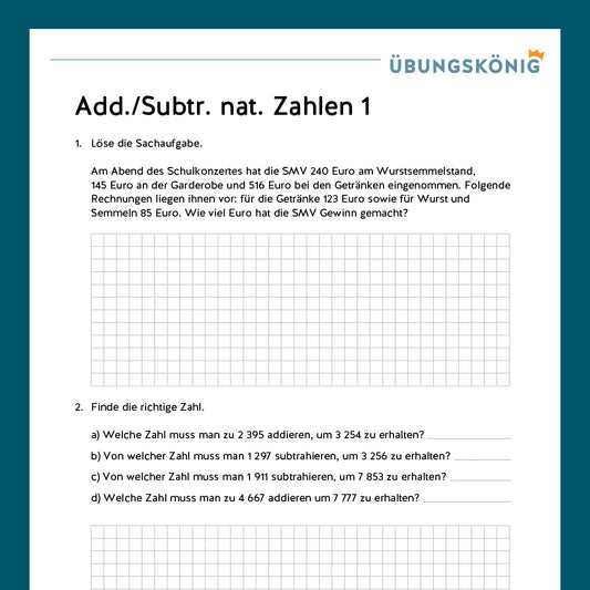 Königspaket: Addition und Subtraktion natürlicher Zahlen (Mathe, 5. Klasse) - inklusive Test!