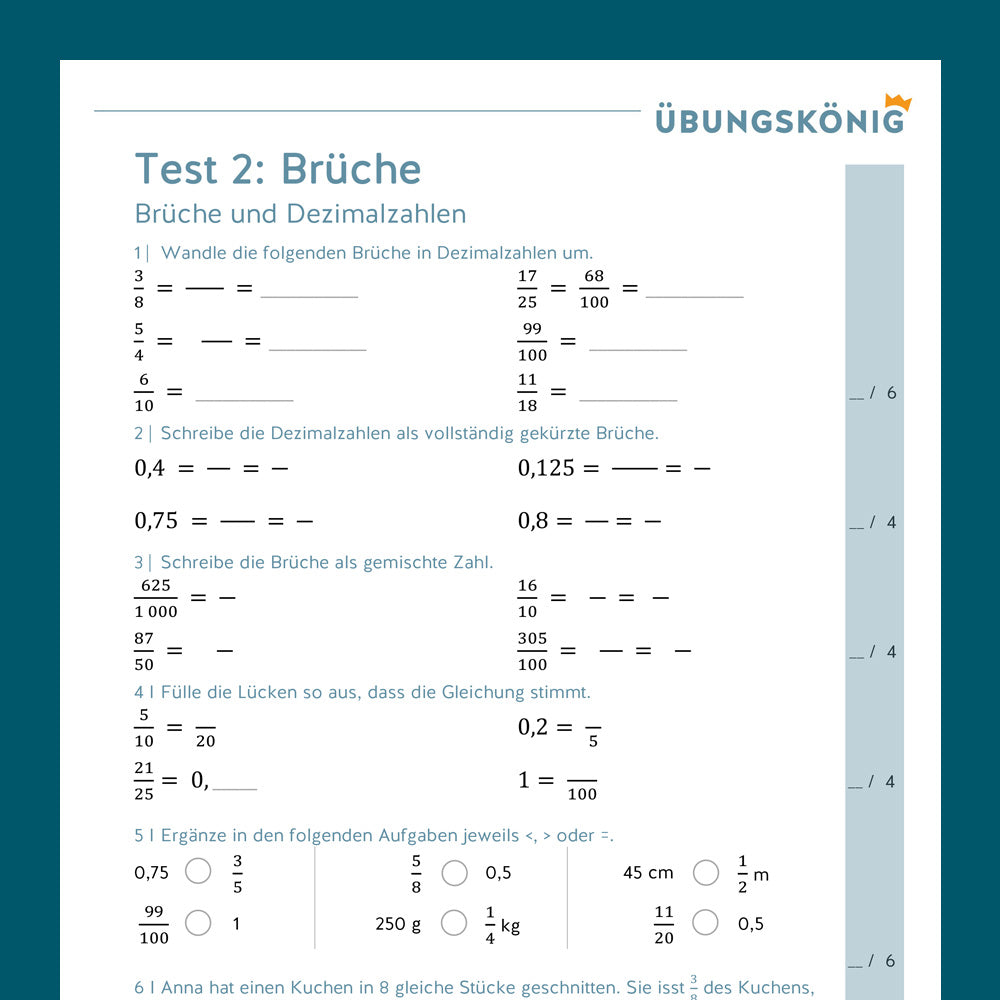 Testsammlung für Mathe, 6. Klasse