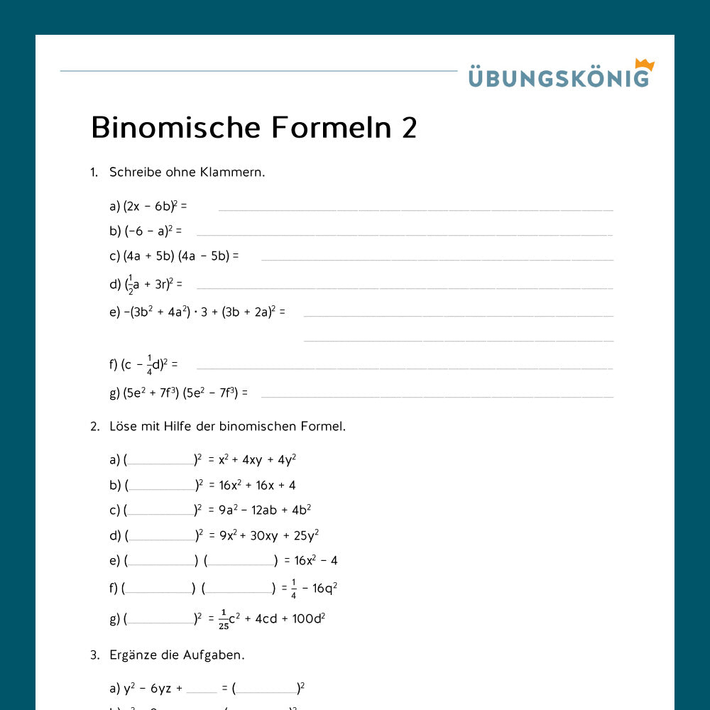 Königspaket: Binomische Formeln (Mathe, 7. Klasse) - inklusive Test