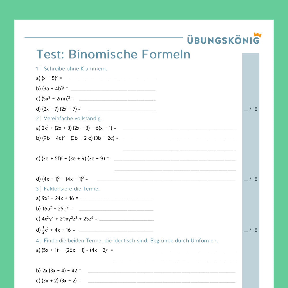 Königspaket: Binomische Formeln (Mathe, 7. Klasse) - inklusive Test
