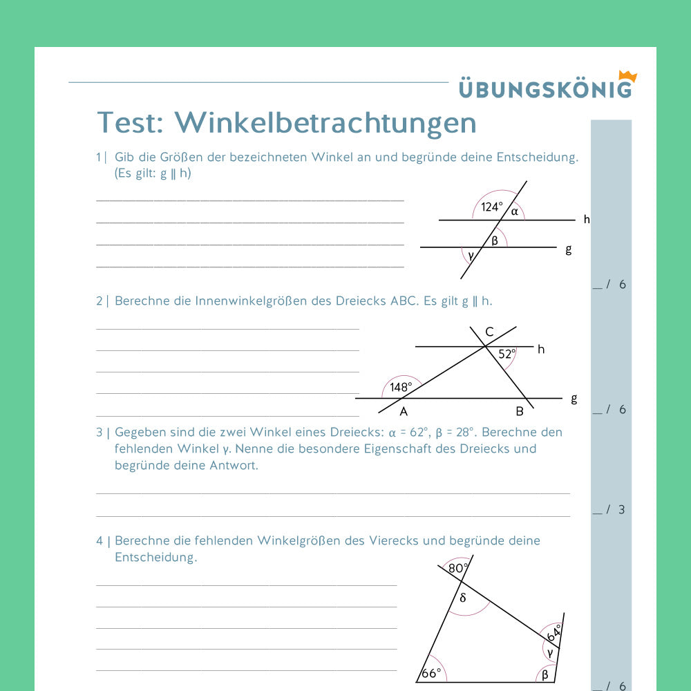 Königspaket: Winkelbetrachtungen (Mathe, 7. Klasse) - inklusive Test