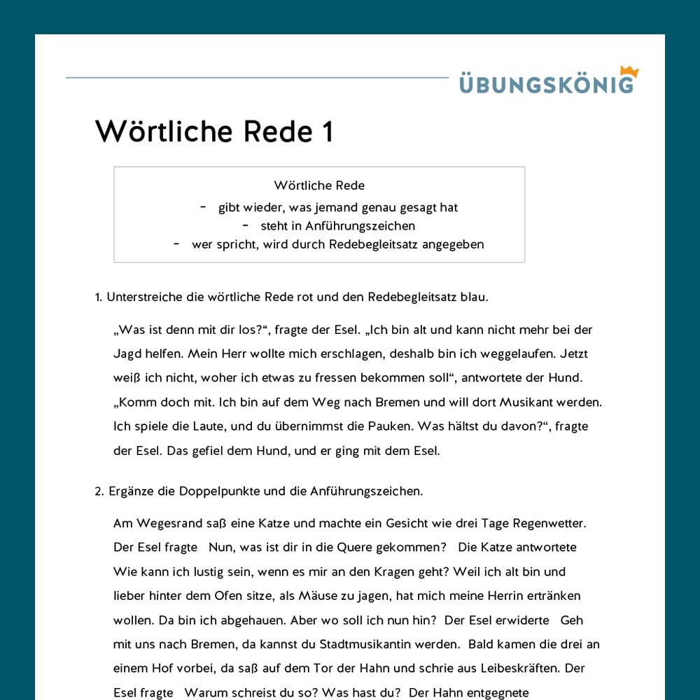 Königspaket: Wörtliche Rede / Redebegleitsätze  (Deutsch, Mittelschule)