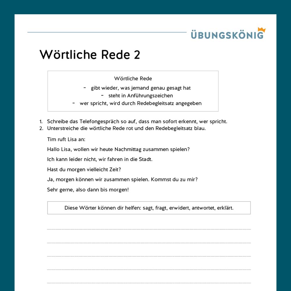 Königspaket: Wörtliche Rede / Redebegleitsätze  (Deutsch, Mittelschule)