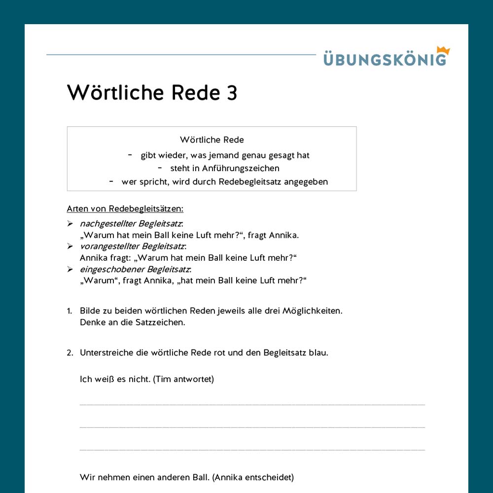 Königspaket: Wörtliche Rede / Redebegleitsätze  (Deutsch, Mittelschule)