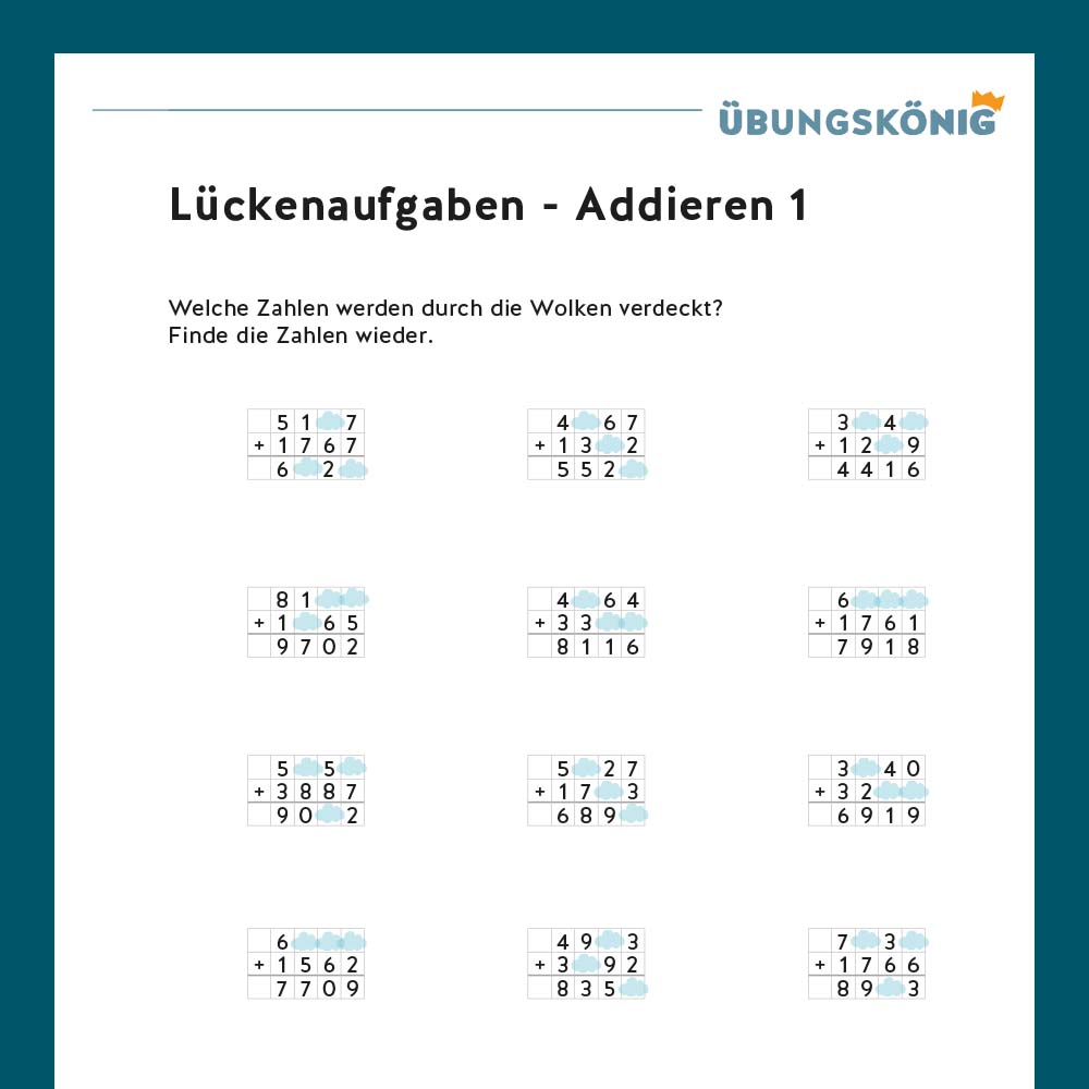 Königspaket: Lückenaufgaben Addieren  (Mathe, Mittelschule)