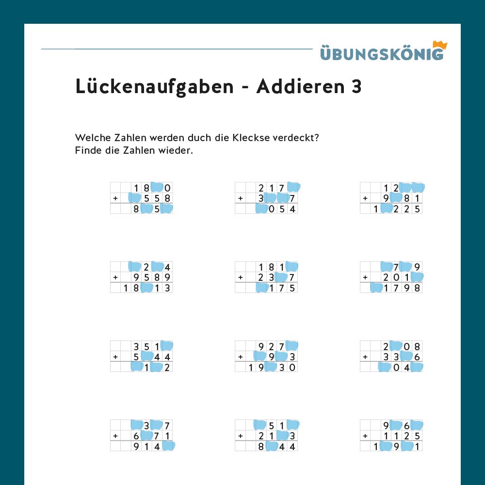 Königspaket: Lückenaufgaben Addieren  (Mathe, Mittelschule)