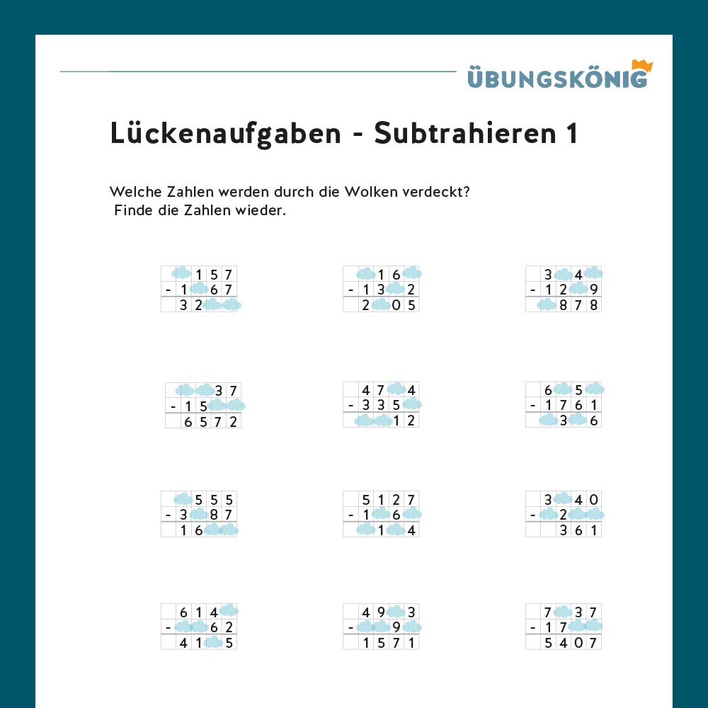 Königspaket: Lückenaufgaben Subtrahieren (Mathe, Mittelschule)