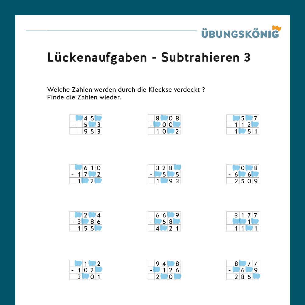 Königspaket: Lückenaufgaben Subtrahieren (Mathe, Mittelschule)