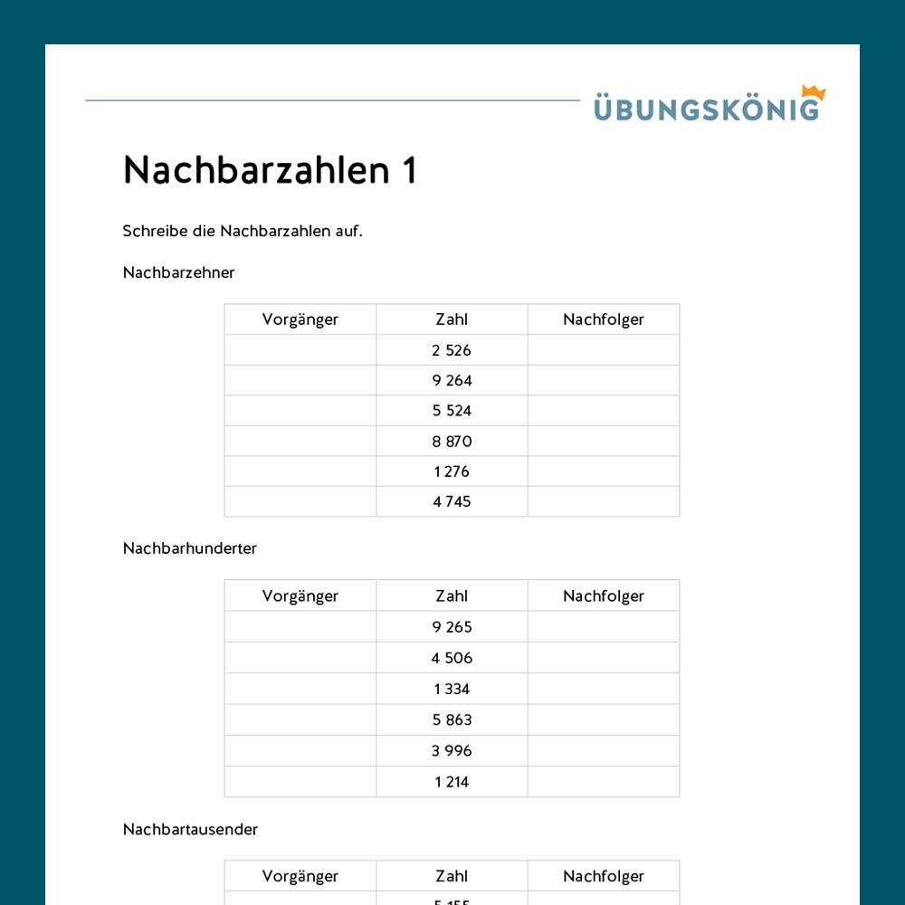 Königspaket: Nachbarzahlen im Zahlenraum 100 000 (Mathe, Mittelschule)