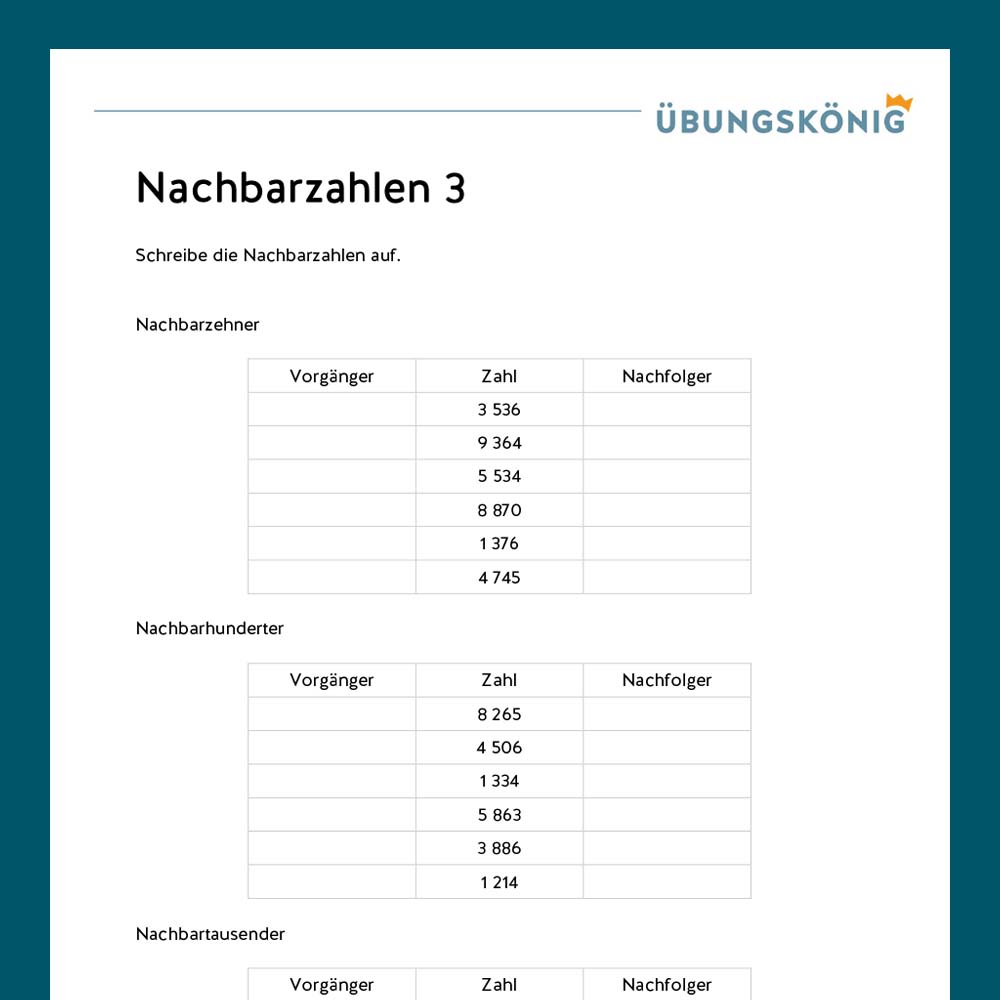 Königspaket: Nachbarzahlen im Zahlenraum 100 000 (Mathe, Mittelschule)