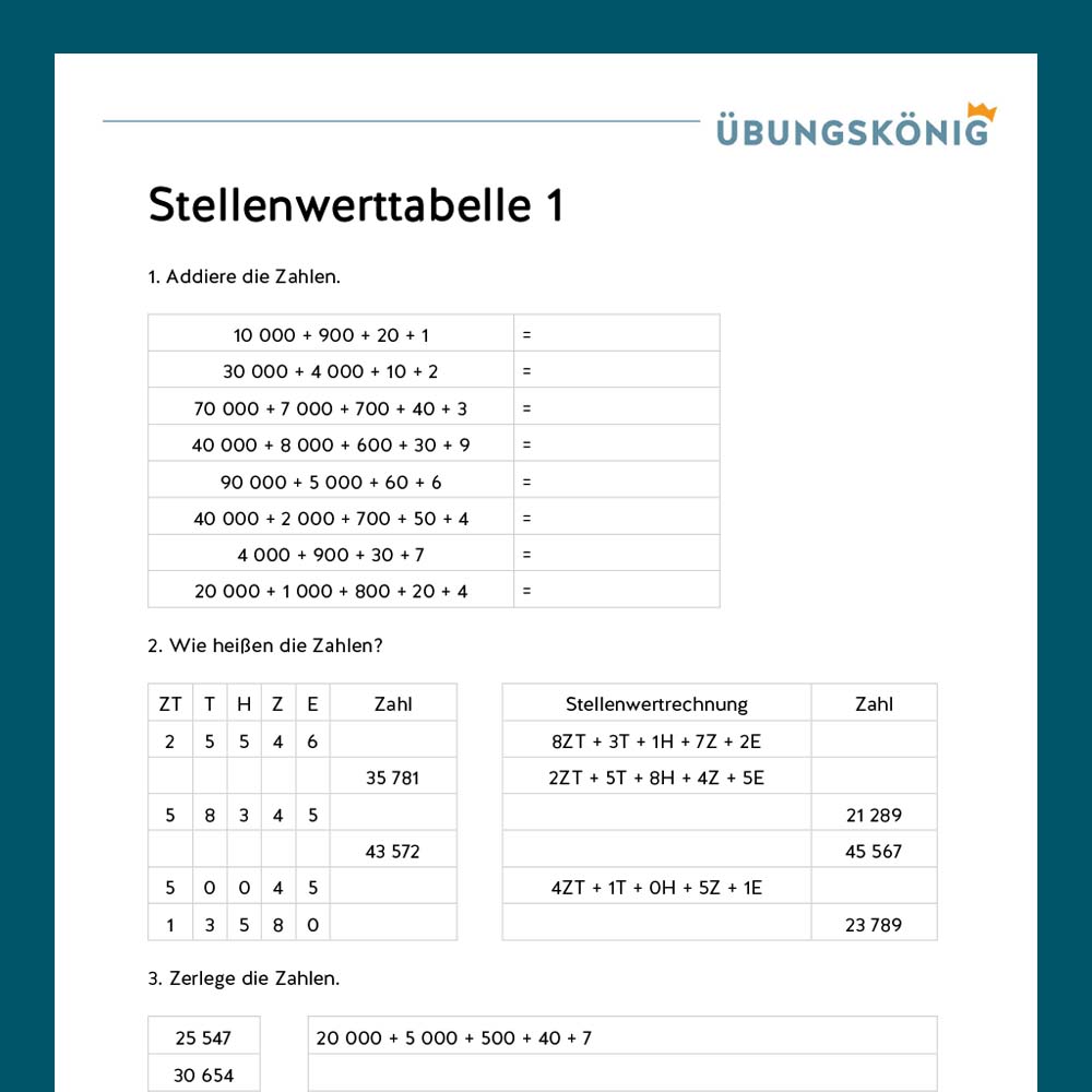 Königspaket: Stellenwerttabelle und Zahlenstrahl im Zahlenraum 100 000 (Mathe, Mittelschule)