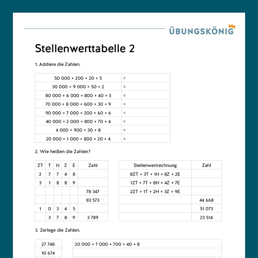 Königspaket: Stellenwerttabelle und Zahlenstrahl im Zahlenraum 100 000 (Mathe, Mittelschule)