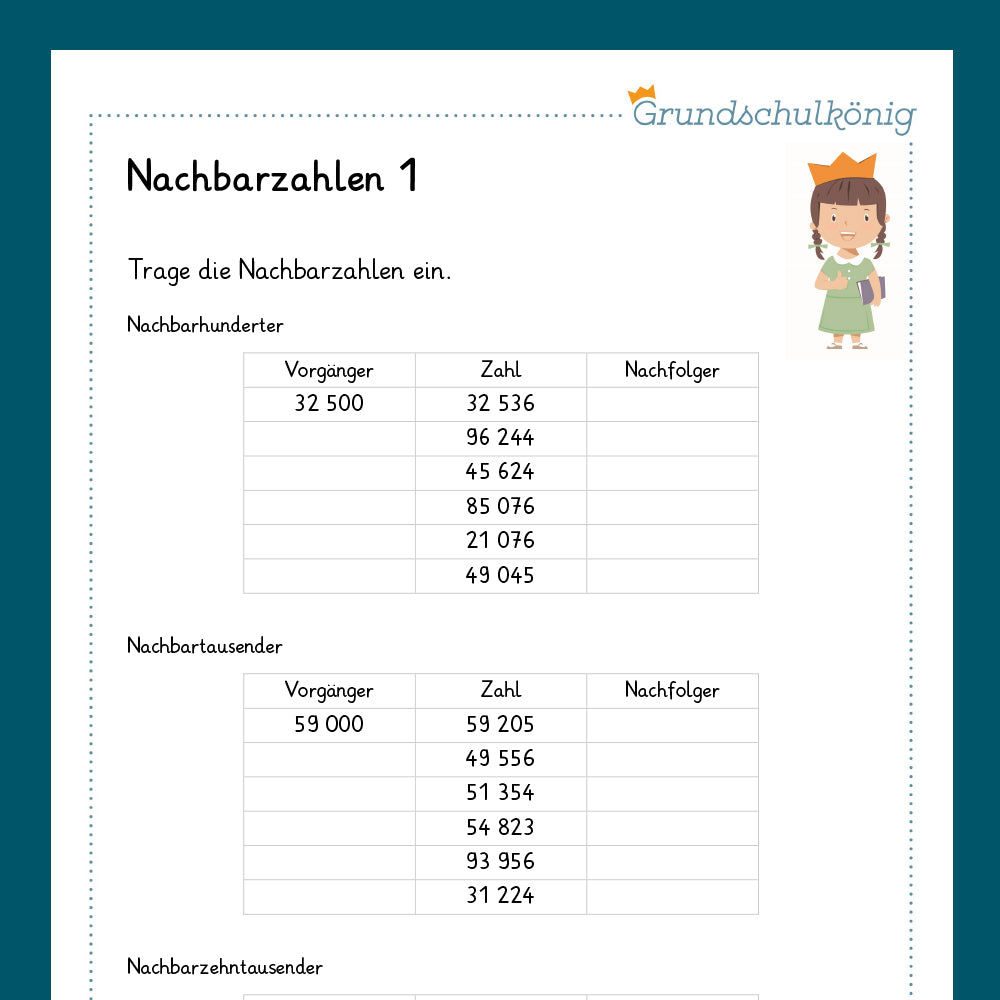 Königspaket: Nachbarzahlen im Zahlenraum 100 000 (Mathe, 4. Klasse) - inklusive Test