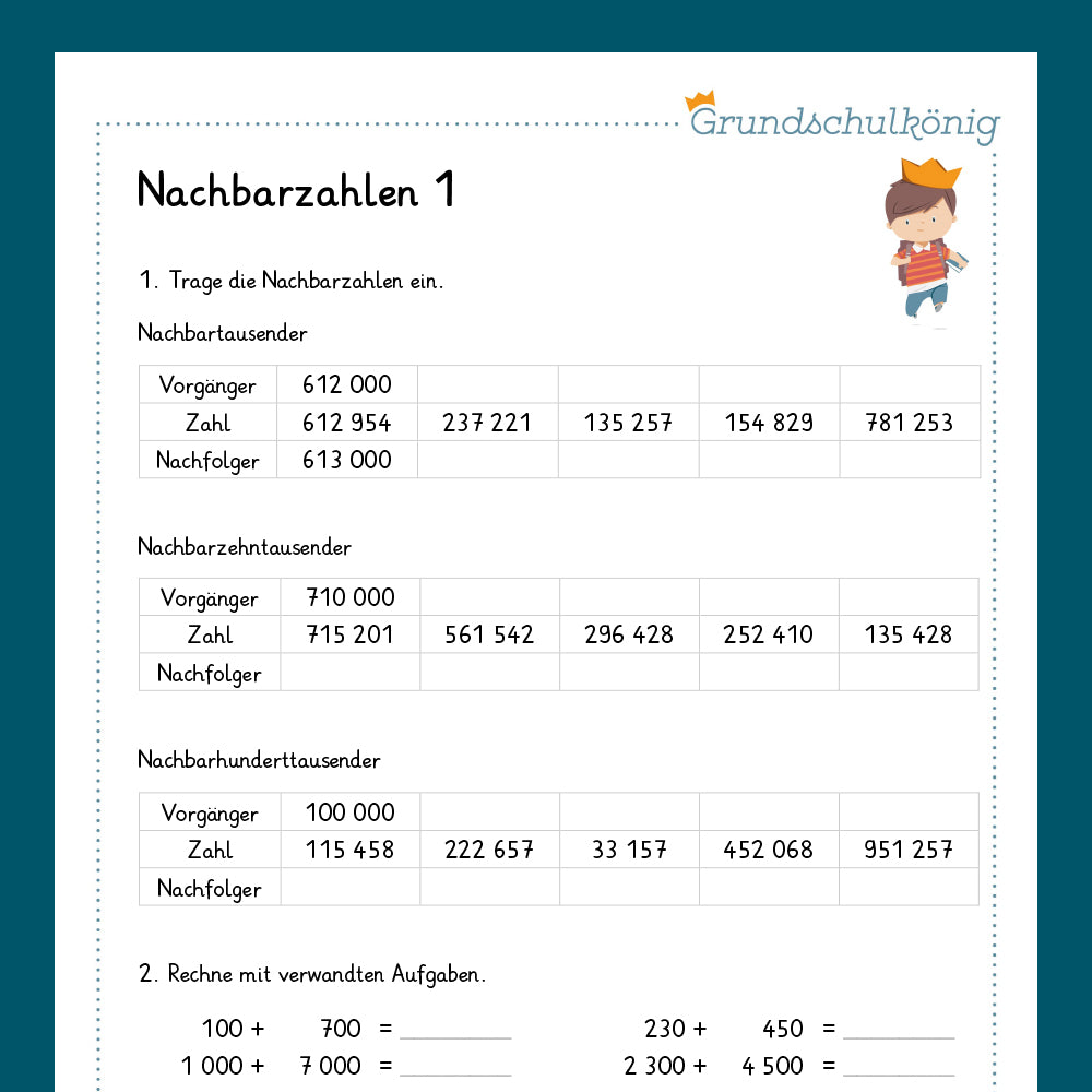 Königspaket: Nachbarzahlen im Zahlenraum 1 000 000 (Mathe, 4. Klasse) - inklusive Test