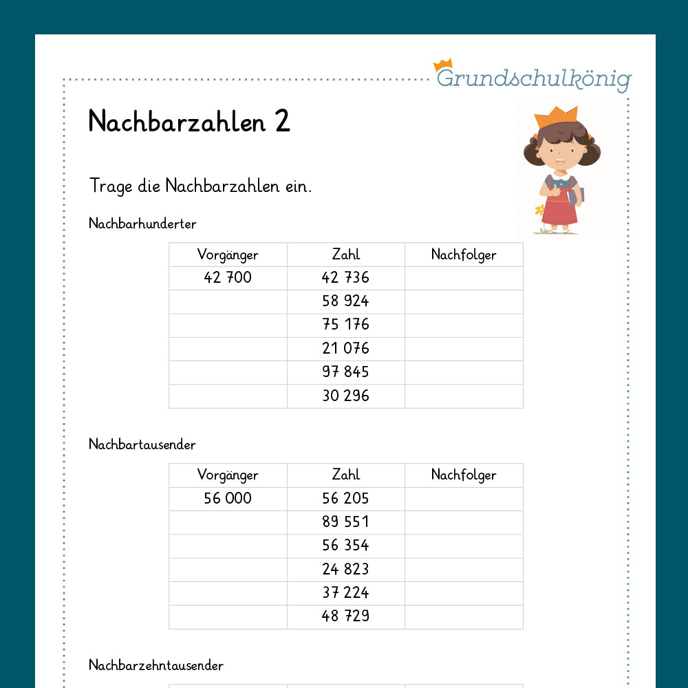 Königspaket: Nachbarzahlen im Zahlenraum 100 000 (Mathe, 4. Klasse) - inklusive Test