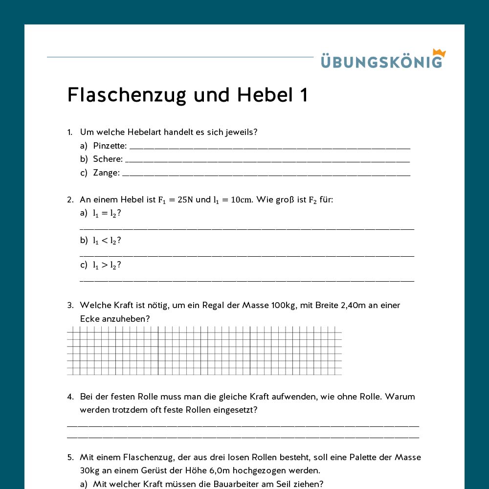 Königspaket: Flaschenzug und Hebel (Physik, 8. Klasse)