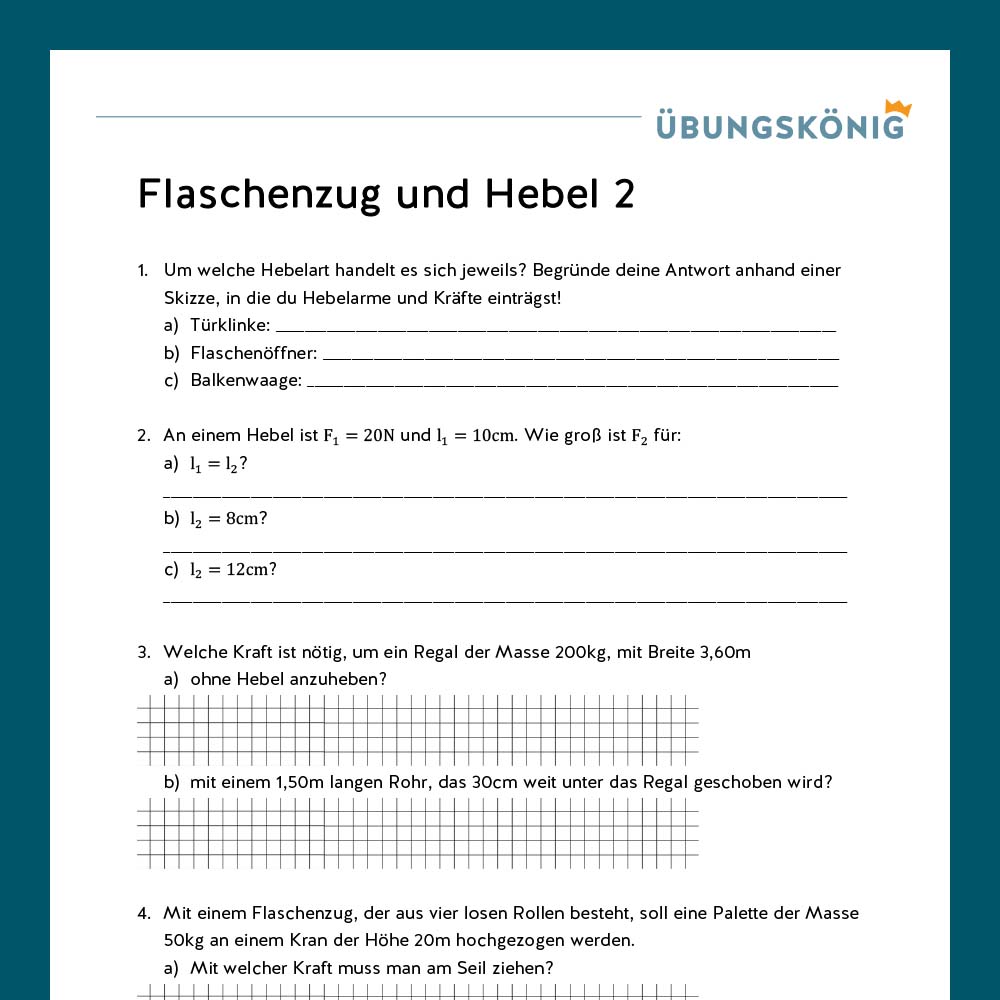 Königspaket: Flaschenzug und Hebel (Physik, 8. Klasse)