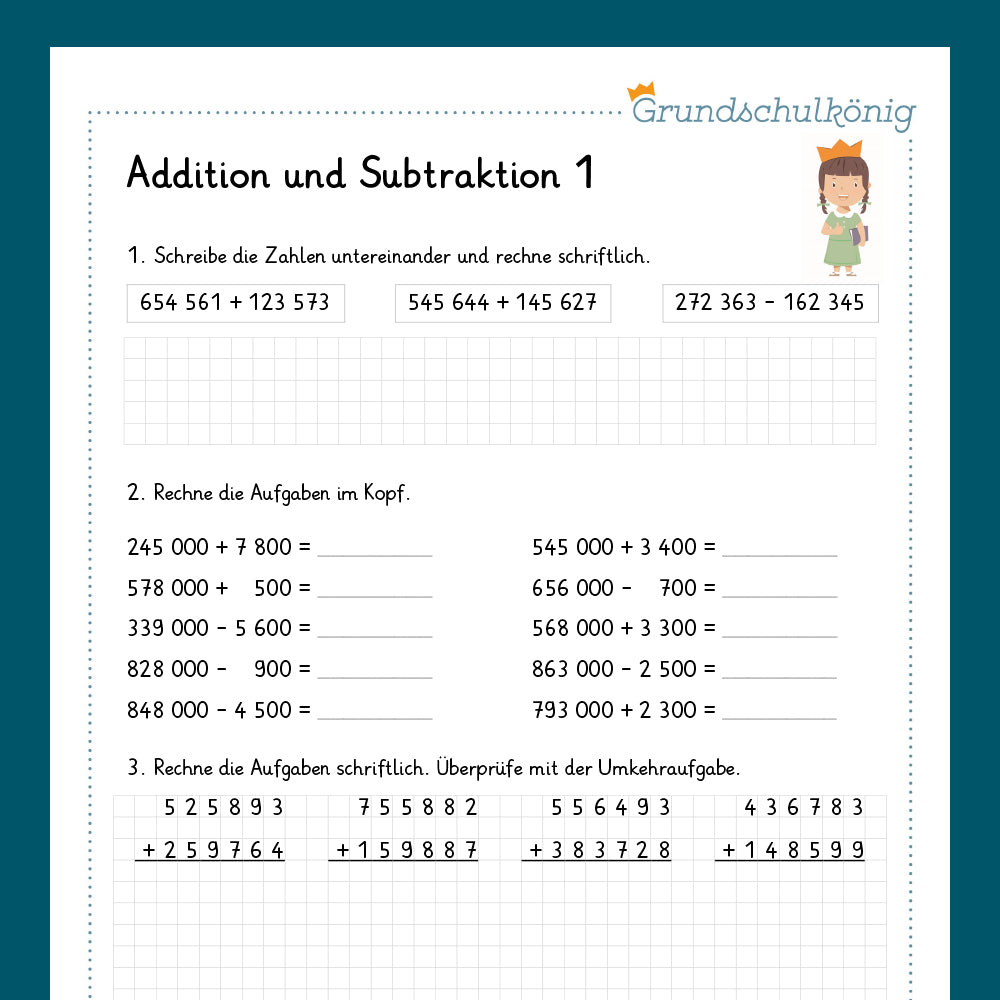 Königspaket: Addition und Subtraktion im Zahlenraum 1 000 000 (Mathe, 4. Klasse) - inklusive Test