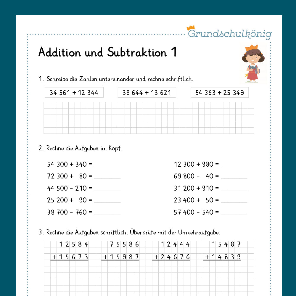 Königspaket: Addition und Subtraktion im Zahlenraum 100 000 (Mathe, 4. Klasse) - inklusive Test