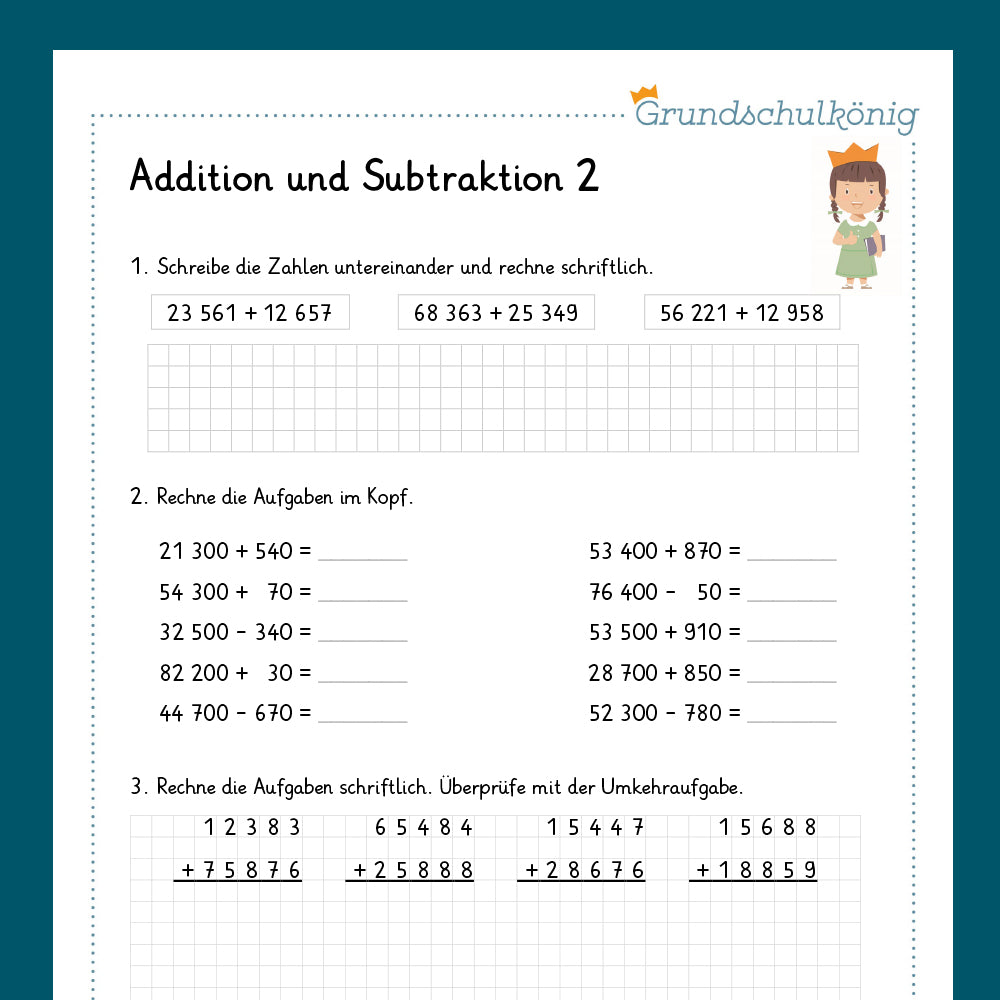 Königspaket: Addition und Subtraktion im Zahlenraum 100 000 (Mathe, 4. Klasse) - inklusive Test