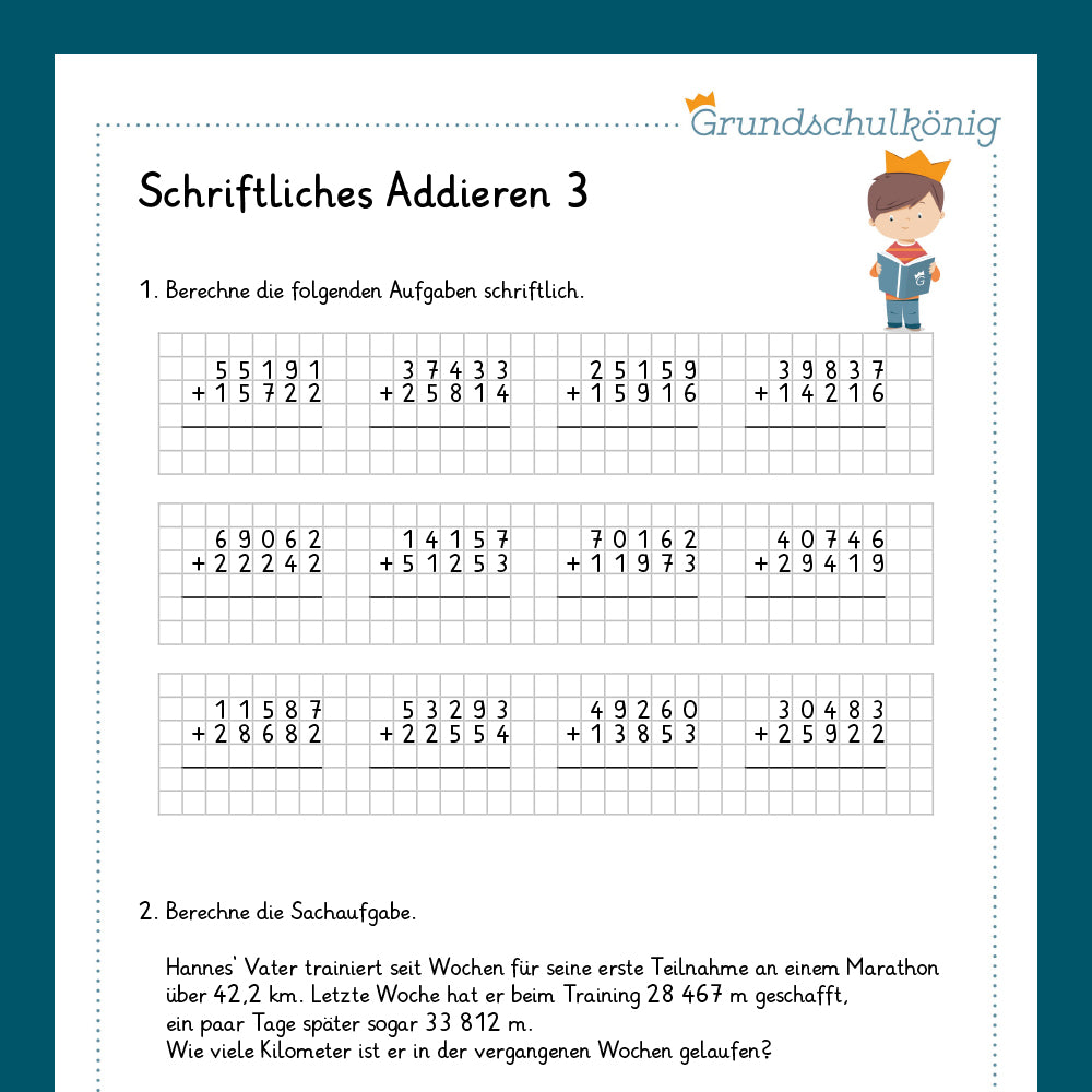 Königspaket: Schriftliches Addieren im ZR 100 000 (Mathe, 4. Klasse) - inklusive Test!