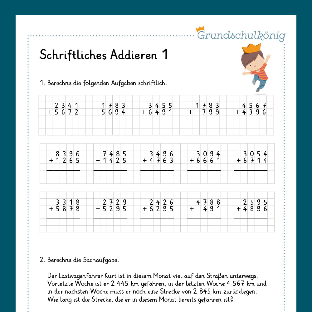Königspaket: Schriftliches Addieren im ZR 10 000 (Mathe, 4. Klasse) - inklusive Test