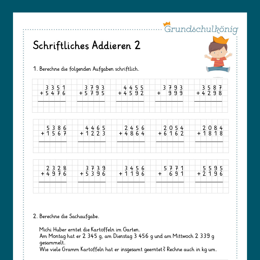 Königspaket: Schriftliches Addieren im ZR 10 000 (Mathe, 4. Klasse) - inklusive Test