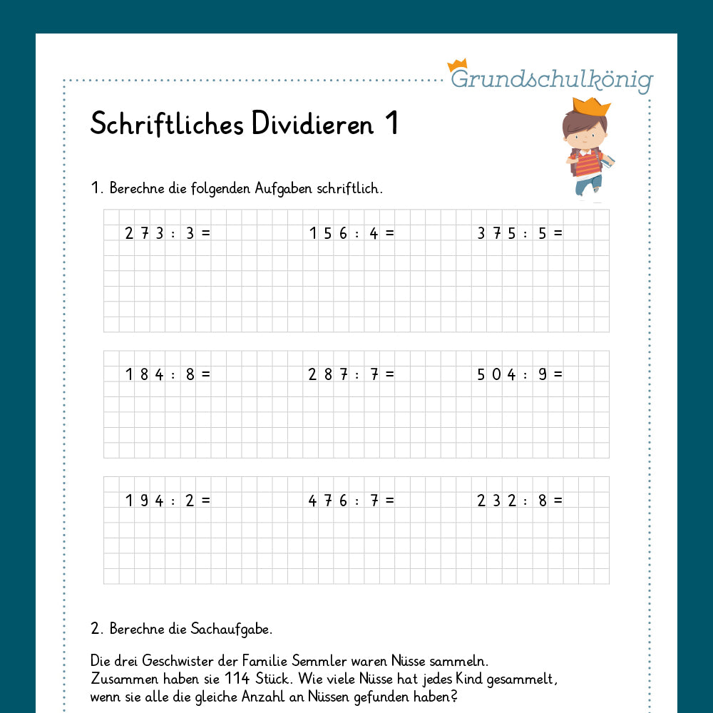 Königspaket: Schriftliches Dividieren mit einstelligen Zahlen (Mathe, 4. Klasse) - inklusive Test