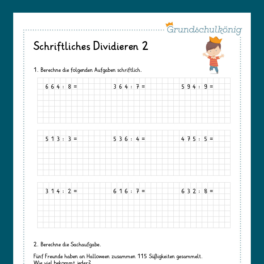 Königspaket: Schriftliches Dividieren mit einstelligen Zahlen (Mathe, 4. Klasse) - inklusive Test
