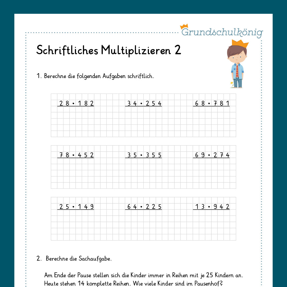Königspaket: Schriftliches Multiplizieren mit dreistelligen Zahlen (Mathe, 4. Klasse) - inklusive Test
