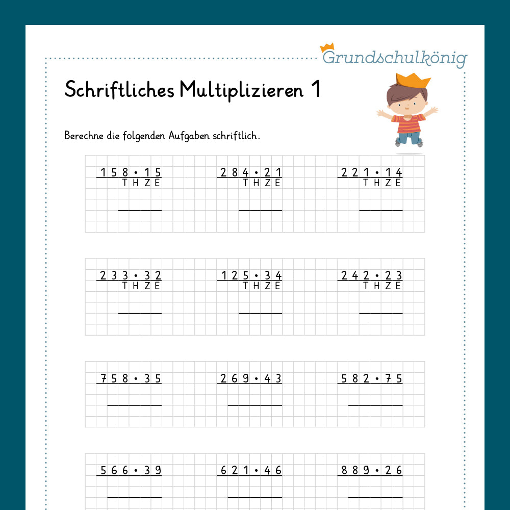 Königspaket: Schriftliches Multiplizieren mit zweistelligen Zahlen (Mathe, 4. Klasse) - inklusive Test