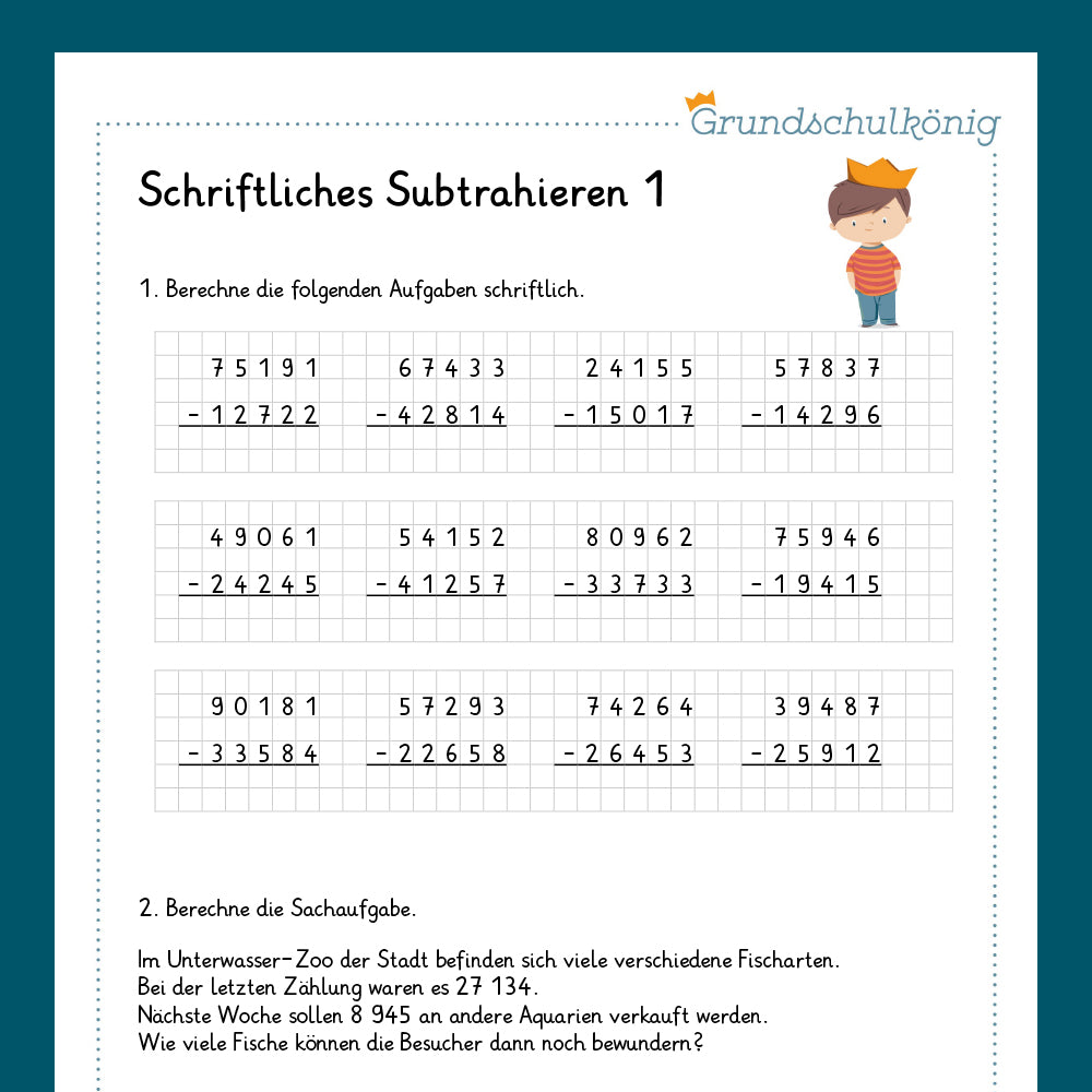 Königspaket: Schriftliches Subtrahieren im Zahlenraum 100 000 (Mathe, 4. Klasse) - inklusive Test!