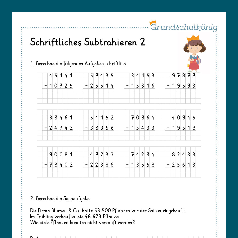 Königspaket: Schriftliches Subtrahieren im Zahlenraum 100 000 (Mathe, 4. Klasse) - inklusive Test!