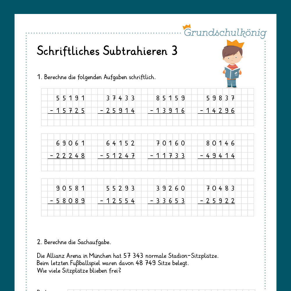 Königspaket: Schriftliches Subtrahieren im Zahlenraum 100 000 (Mathe, 4. Klasse) - inklusive Test!