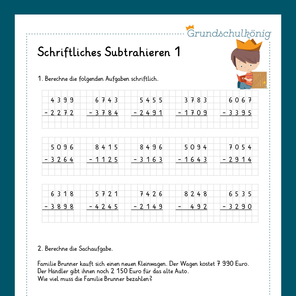 Königspaket: Schriftliches Subtrahieren im Zahlenraum 10 000 (Mathe, 4. Klasse) - inklusive Test