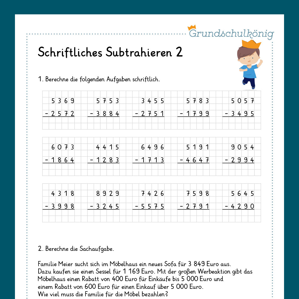 Königspaket: Schriftliches Subtrahieren im Zahlenraum 10 000 (Mathe, 4. Klasse) - inklusive Test