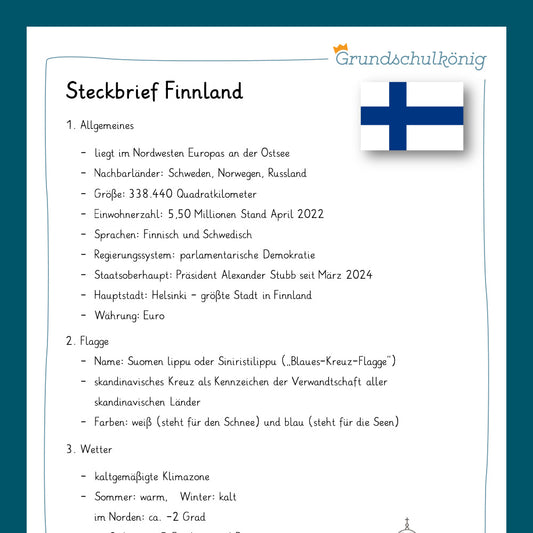 Königspaket: Steckbrief - Finnland (Sachkunde 3. & 4. Klasse)