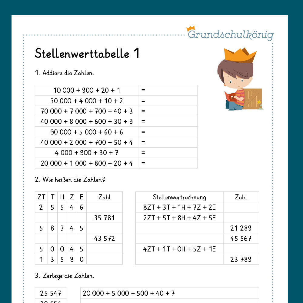 Königspaket: Stellenwerttabelle und Zahlenstrahl im Zahlenraum 100 000 (Mathe, 4. Klasse) - inklusive 2 Tests