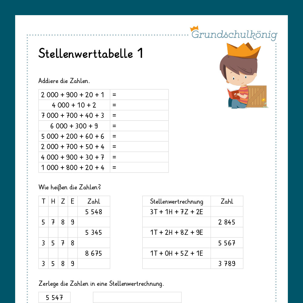 Königspaket: Stellenwerttabelle und Zahlenstrahl im Zahlenraum 10 000 (Mathe, 4. Klasse)