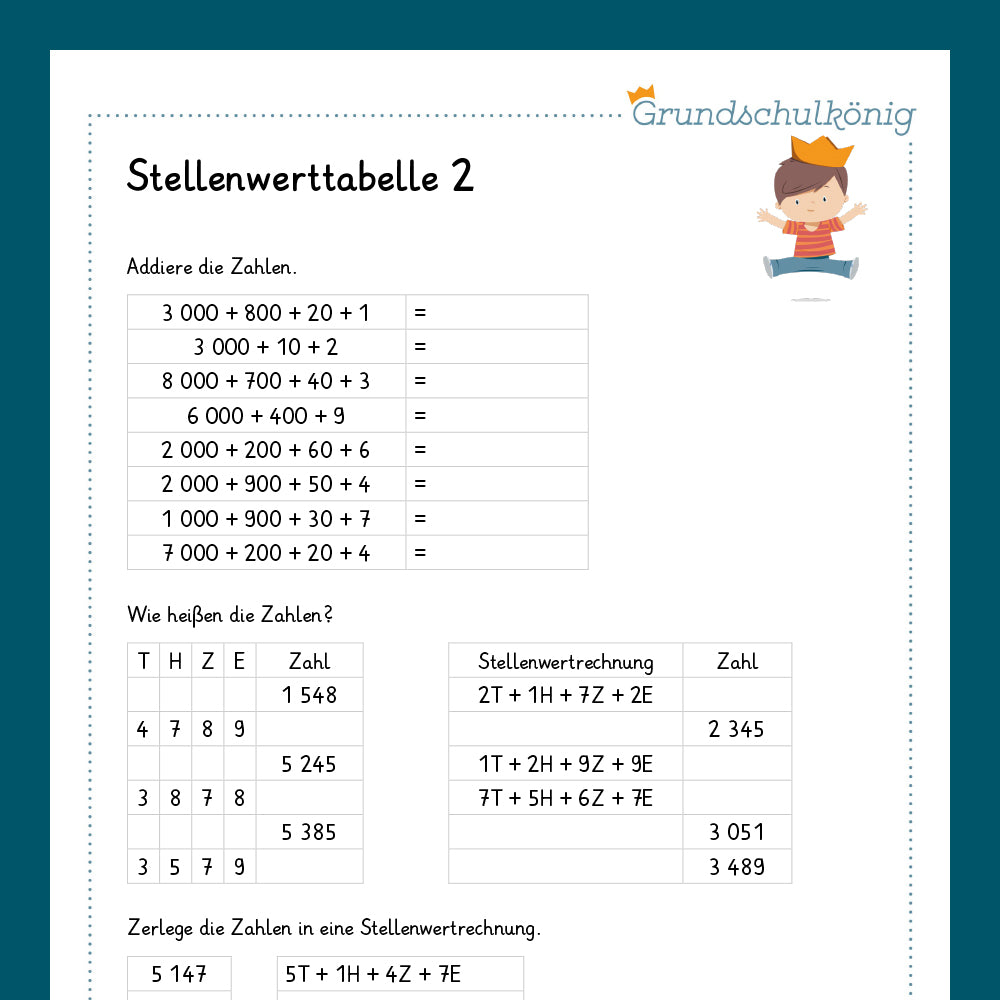 Königspaket: Stellenwerttabelle und Zahlenstrahl im Zahlenraum 10 000 (Mathe, 4. Klasse)